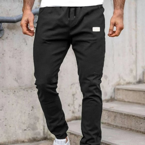 Casual Black Patched Men's Drawstring Pants - Picture 4 of 6